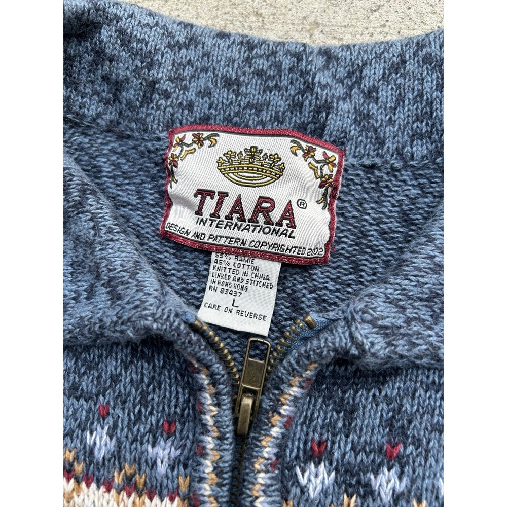 Vintage 90s Zip Up Cardigan Sweater Womens Large Blue with Pattern Tiara Intl - Picture 5 of 6